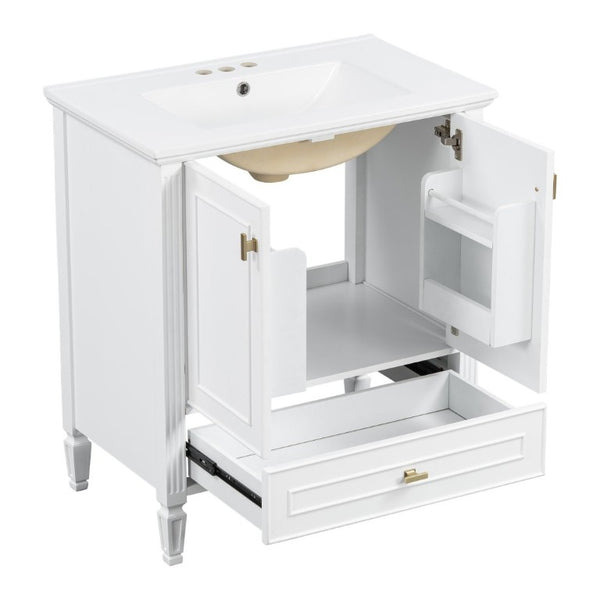English Elm Video 30 Inch Freestanding Bathroom Vanity Solid Rubberwood Frame with Ceramic Undermount Sink White N759P448335K