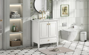 English Elm Video 30 Inch Freestanding Bathroom Vanity Solid Rubberwood Frame with Ceramic Undermount Sink White N759P448335K