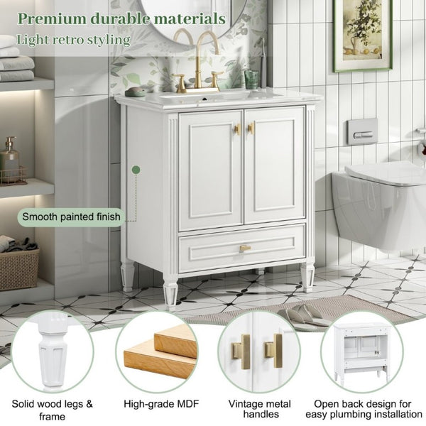 English Elm Video 30 Inch Freestanding Bathroom Vanity Solid Rubberwood Frame with Ceramic Undermount Sink White N759P448335K
