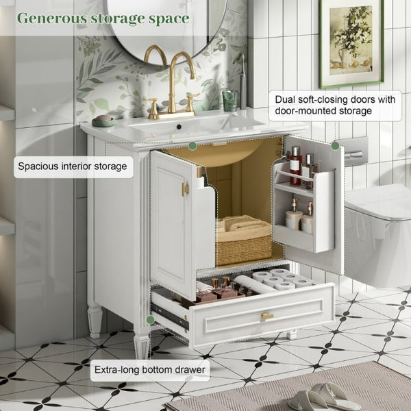 English Elm Video 30 Inch Freestanding Bathroom Vanity Solid Rubberwood Frame with Ceramic Undermount Sink White N759P448335K