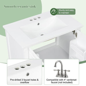 English Elm Video 30 Inch Freestanding Bathroom Vanity Solid Rubberwood Frame with Ceramic Undermount Sink White N759P448335K