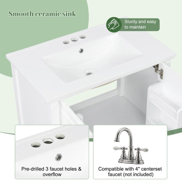 English Elm Video 30 Inch Freestanding Bathroom Vanity Solid Rubberwood Frame with Ceramic Undermount Sink White N759P448335K