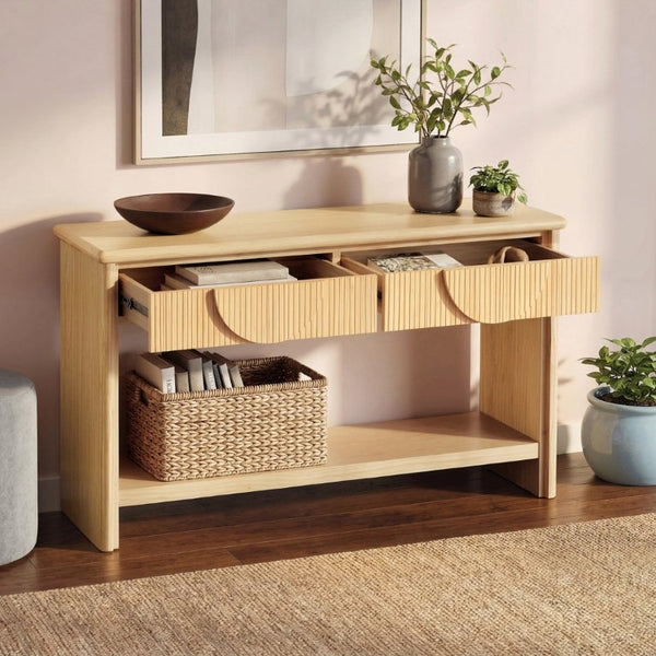 English Elm Video]55 Inch Fluted Pine Veneer Console Table with Soft Close Drawers for Entryway N759P449295N