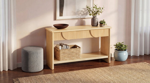 English Elm Video]55 Inch Fluted Pine Veneer Console Table with Soft Close Drawers for Entryway N759P449295N