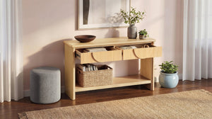 English Elm Video]55 Inch Fluted Pine Veneer Console Table with Soft Close Drawers for Entryway N759P449295N