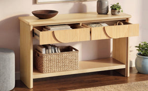 English Elm Video]55 Inch Fluted Pine Veneer Console Table with Soft Close Drawers for Entryway N759P449295N