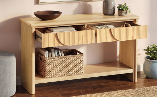 English Elm Video]55 Inch Fluted Pine Veneer Console Table with Soft Close Drawers for Entryway N759P449295N