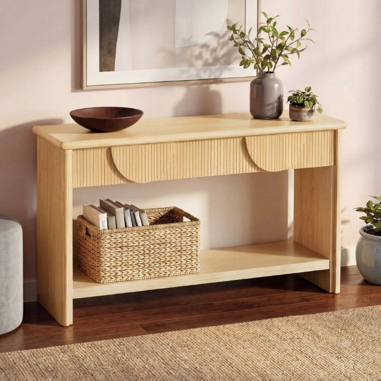 English Elm Video]55 Inch Fluted Pine Veneer Console Table with Soft Close Drawers for Entryway N759P449295N