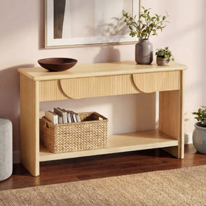 English Elm Video]55 Inch Fluted Pine Veneer Console Table with Soft Close Drawers for Entryway N759P449295N