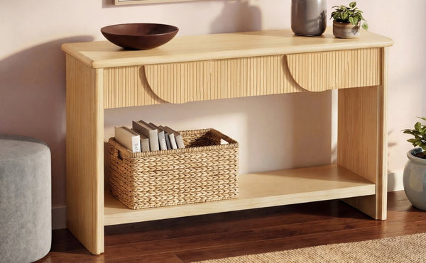 English Elm Video]55 Inch Fluted Pine Veneer Console Table with Soft Close Drawers for Entryway N759P449295N