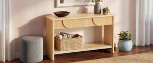 English Elm Video]55 Inch Fluted Pine Veneer Console Table with Soft Close Drawers for Entryway N759P449295N