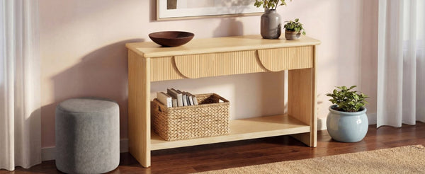 English Elm Video]55 Inch Fluted Pine Veneer Console Table with Soft Close Drawers for Entryway N759P449295N