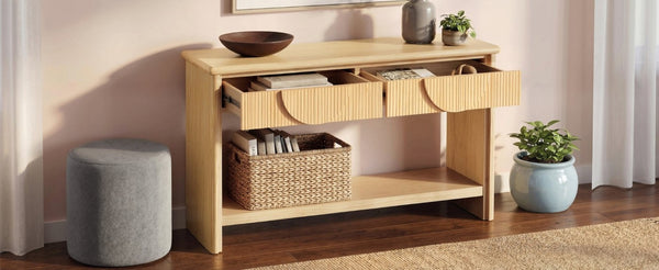 English Elm Video]55 Inch Fluted Pine Veneer Console Table with Soft Close Drawers for Entryway N759P449295N