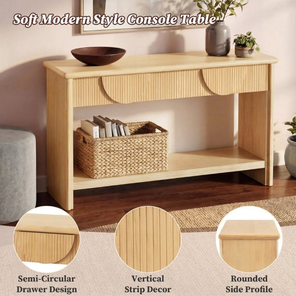 English Elm Video]55 Inch Fluted Pine Veneer Console Table with Soft Close Drawers for Entryway N759P449295N