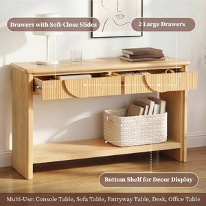 English Elm Video]55 Inch Fluted Pine Veneer Console Table with Soft Close Drawers for Entryway N759P449295N