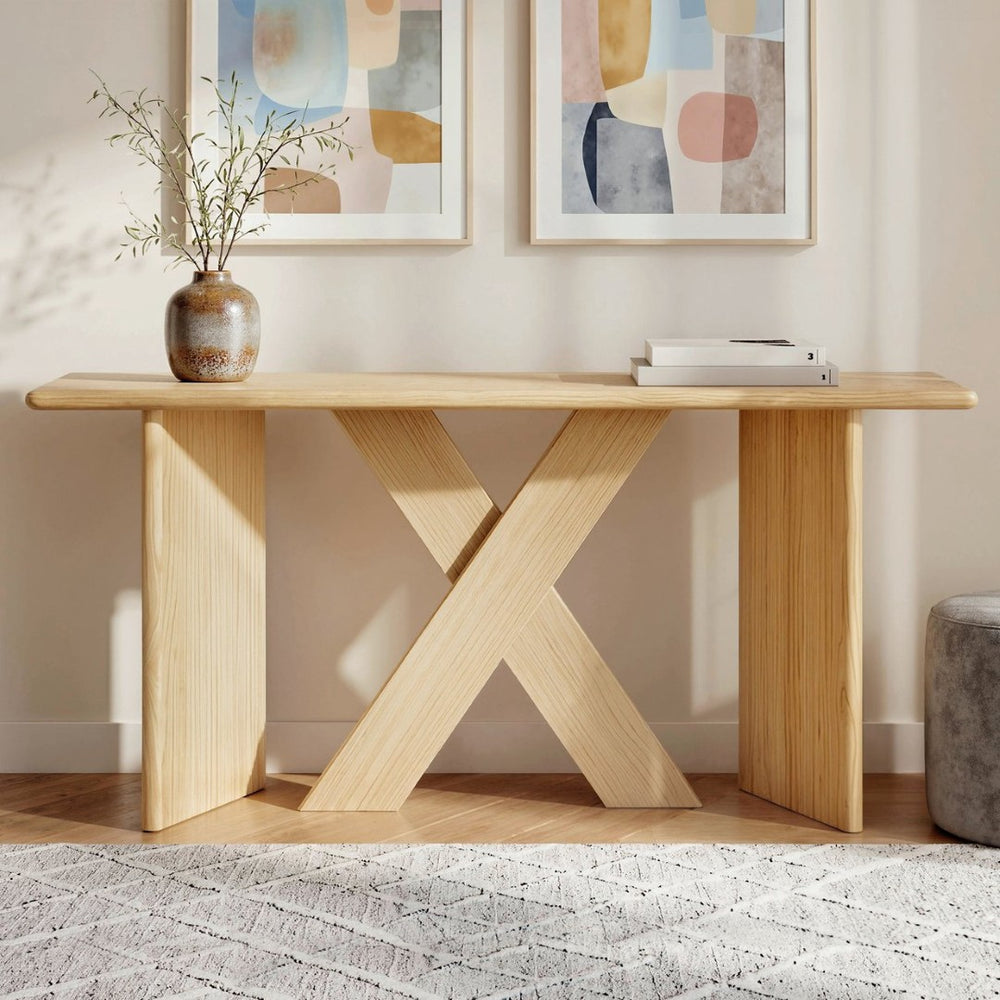 English Elm [video] Pine Veneer X-leg Console Table with Rounded Edges for Entryway or Living Room N759P449300N