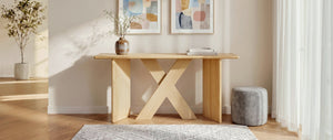English Elm [video] Pine Veneer X-leg Console Table with Rounded Edges for Entryway or Living Room N759P449300N