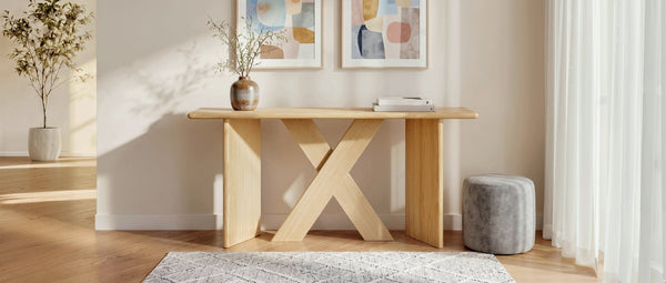 English Elm [video] Pine Veneer X-leg Console Table with Rounded Edges for Entryway or Living Room N759P449300N