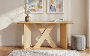 English Elm [video] Pine Veneer X-leg Console Table with Rounded Edges for Entryway or Living Room N759P449300N