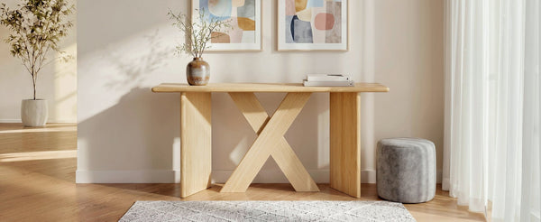 English Elm [video] Pine Veneer X-leg Console Table with Rounded Edges for Entryway or Living Room N759P449300N