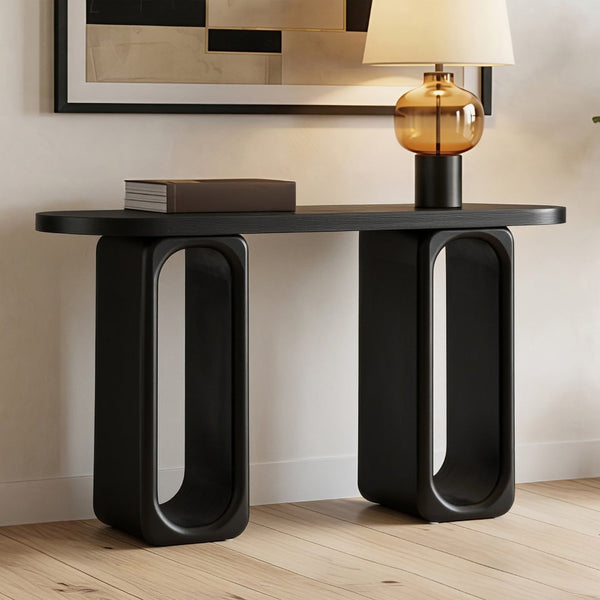 English Elm [video] Sculptural Ash Veneer Console Table with Oval Cutout Legs for Entryway or Hallway N759P449305B