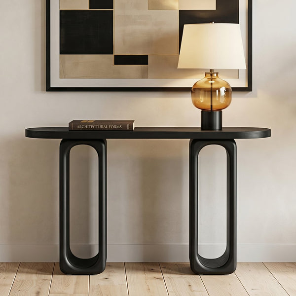 English Elm [video] Sculptural Ash Veneer Console Table with Oval Cutout Legs for Entryway or Hallway N759P449305B