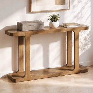 English Elm Video 50 Inch Pine Veneer Console Table Solid Legs Open Shelf Entryway Living Room N759P449307T