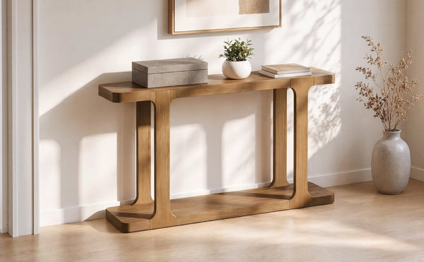 English Elm Video 50 Inch Pine Veneer Console Table Solid Legs Open Shelf Entryway Living Room N759P449307T
