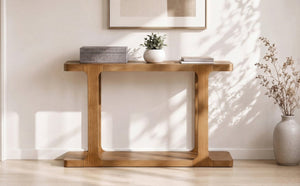 English Elm Video 50 Inch Pine Veneer Console Table Solid Legs Open Shelf Entryway Living Room N759P449307T