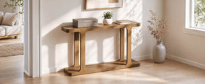 English Elm Video 50 Inch Pine Veneer Console Table Solid Legs Open Shelf Entryway Living Room N759P449307T
