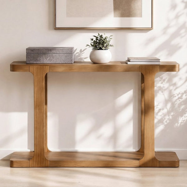 English Elm Video 50 Inch Pine Veneer Console Table Solid Legs Open Shelf Entryway Living Room N759P449307T