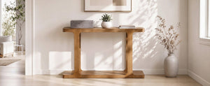 English Elm Video 50 Inch Pine Veneer Console Table Solid Legs Open Shelf Entryway Living Room N759P449307T