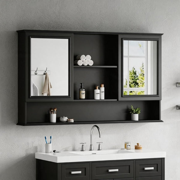 English Elm [video] 60 Inch Wall Mounted Medicine Cabinet with Double Mirror Doors Adjustable Shelves Soft Close Black N759P451502B
