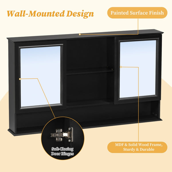 English Elm [video] 60 Inch Wall Mounted Medicine Cabinet with Double Mirror Doors Adjustable Shelves Soft Close Black N759P451502B