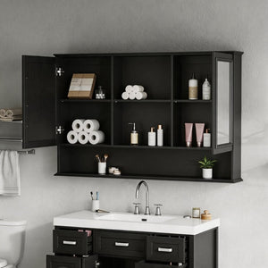 English Elm [video] 60 Inch Wall Mounted Medicine Cabinet with Double Mirror Doors Adjustable Shelves Soft Close Black N759P451502B