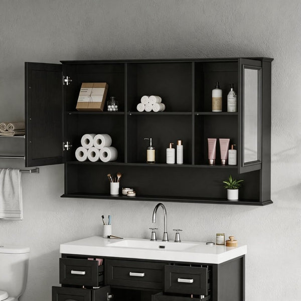 English Elm [video] 60 Inch Wall Mounted Medicine Cabinet with Double Mirror Doors Adjustable Shelves Soft Close Black N759P451502B