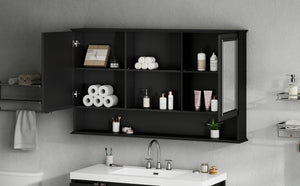 English Elm [video] 60 Inch Wall Mounted Medicine Cabinet with Double Mirror Doors Adjustable Shelves Soft Close Black N759P451502B