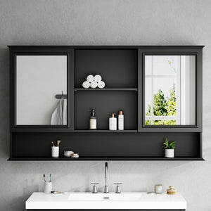English Elm [video] 60 Inch Wall Mounted Medicine Cabinet with Double Mirror Doors Adjustable Shelves Soft Close Black N759P451502B