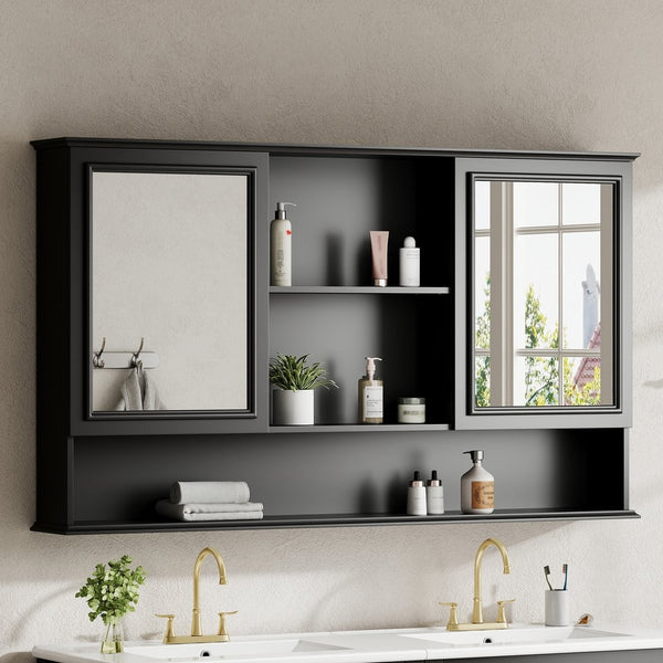 English Elm [video] 60 Inch Wall Mounted Medicine Cabinet with Double Mirror Doors Adjustable Shelves Soft Close Black N759P451502B