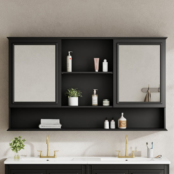 English Elm [video] 60 Inch Wall Mounted Medicine Cabinet with Double Mirror Doors Adjustable Shelves Soft Close Black N759P451502B