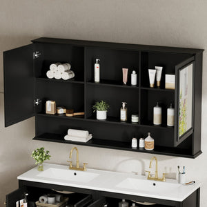 English Elm [video] 60 Inch Wall Mounted Medicine Cabinet with Double Mirror Doors Adjustable Shelves Soft Close Black N759P451502B