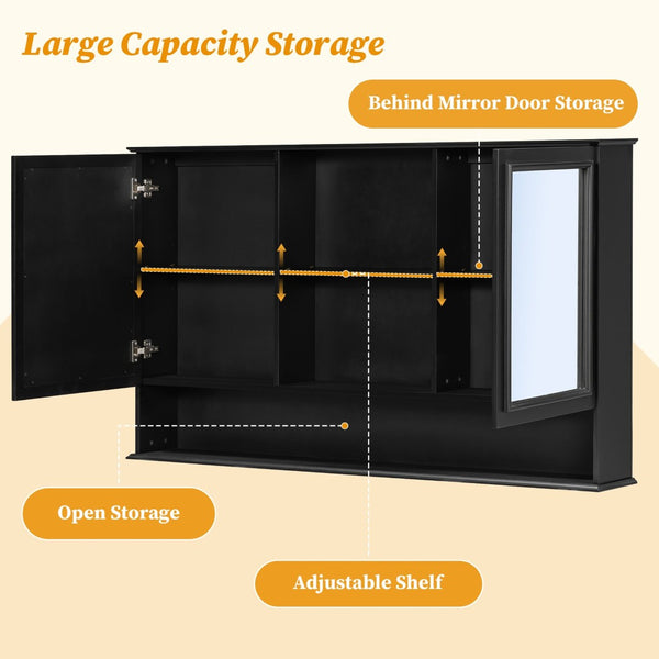 English Elm [video] 60 Inch Wall Mounted Medicine Cabinet with Double Mirror Doors Adjustable Shelves Soft Close Black N759P451502B