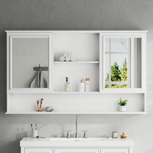English Elm [video] 60 Inch Wall Mounted Medicine Cabinet with Double Mirror Doors Adjustable Shelves Soft Close White N759P451502K