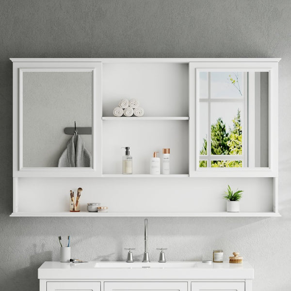 English Elm [video] 60 Inch Wall Mounted Medicine Cabinet with Double Mirror Doors Adjustable Shelves Soft Close White N759P451502K