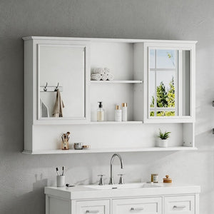 English Elm [video] 60 Inch Wall Mounted Medicine Cabinet with Double Mirror Doors Adjustable Shelves Soft Close White N759P451502K