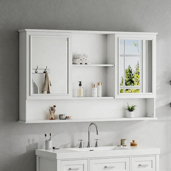 English Elm [video] 60 Inch Wall Mounted Medicine Cabinet with Double Mirror Doors Adjustable Shelves Soft Close White N759P451502K