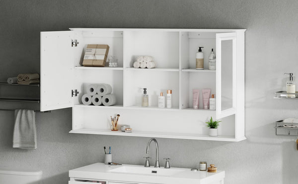 English Elm [video] 60 Inch Wall Mounted Medicine Cabinet with Double Mirror Doors Adjustable Shelves Soft Close White N759P451502K