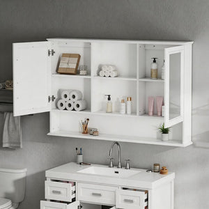 English Elm [video] 60 Inch Wall Mounted Medicine Cabinet with Double Mirror Doors Adjustable Shelves Soft Close White N759P451502K