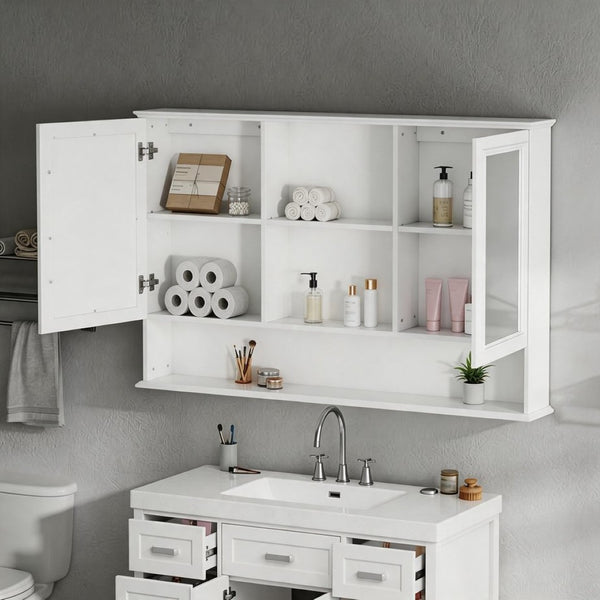 English Elm [video] 60 Inch Wall Mounted Medicine Cabinet with Double Mirror Doors Adjustable Shelves Soft Close White N759P451502K
