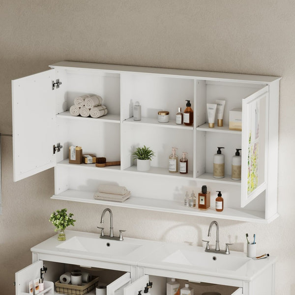 English Elm [video] 60 Inch Wall Mounted Medicine Cabinet with Double Mirror Doors Adjustable Shelves Soft Close White N759P451502K